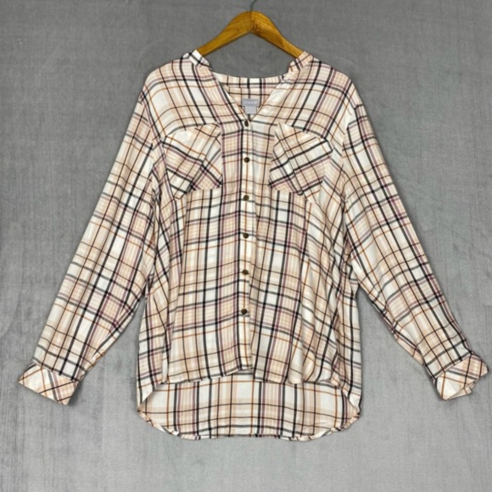 Chicos Long Sleeve Blouse Womens 2/L Neutral‎ Plaid Preppy Relaxed Fit Soft Girl